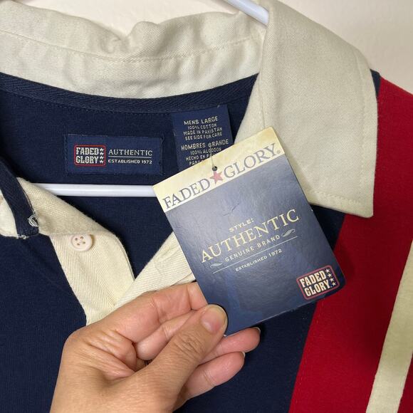 NEW VTG Y2K Faded Glory Men's Collared Shirt Large Blue Striped Polo - Picture 3 of 5